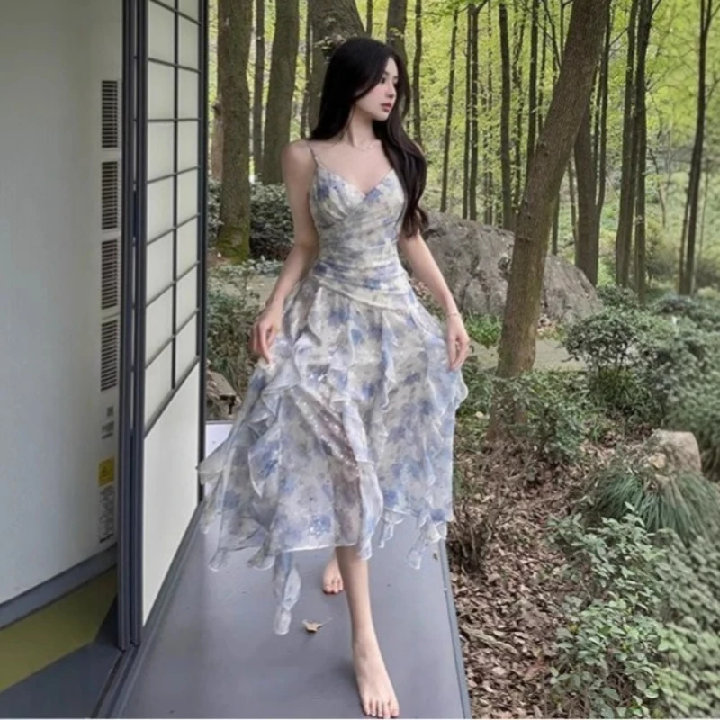 

French New Seaside Vacation Fairy Dress Temperament Blue Floral Irregular Ruffled Edge Suspender Dress Gentl Niche Sweet Fashion