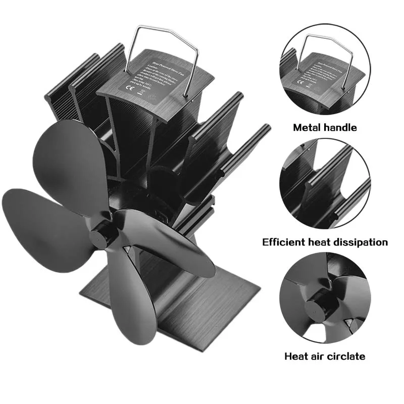 Ventilador de 4 aspas para chimenea negra, sistema de ventilación alimentado por calor para quemador de madera, respetuoso con el medio ambiente,