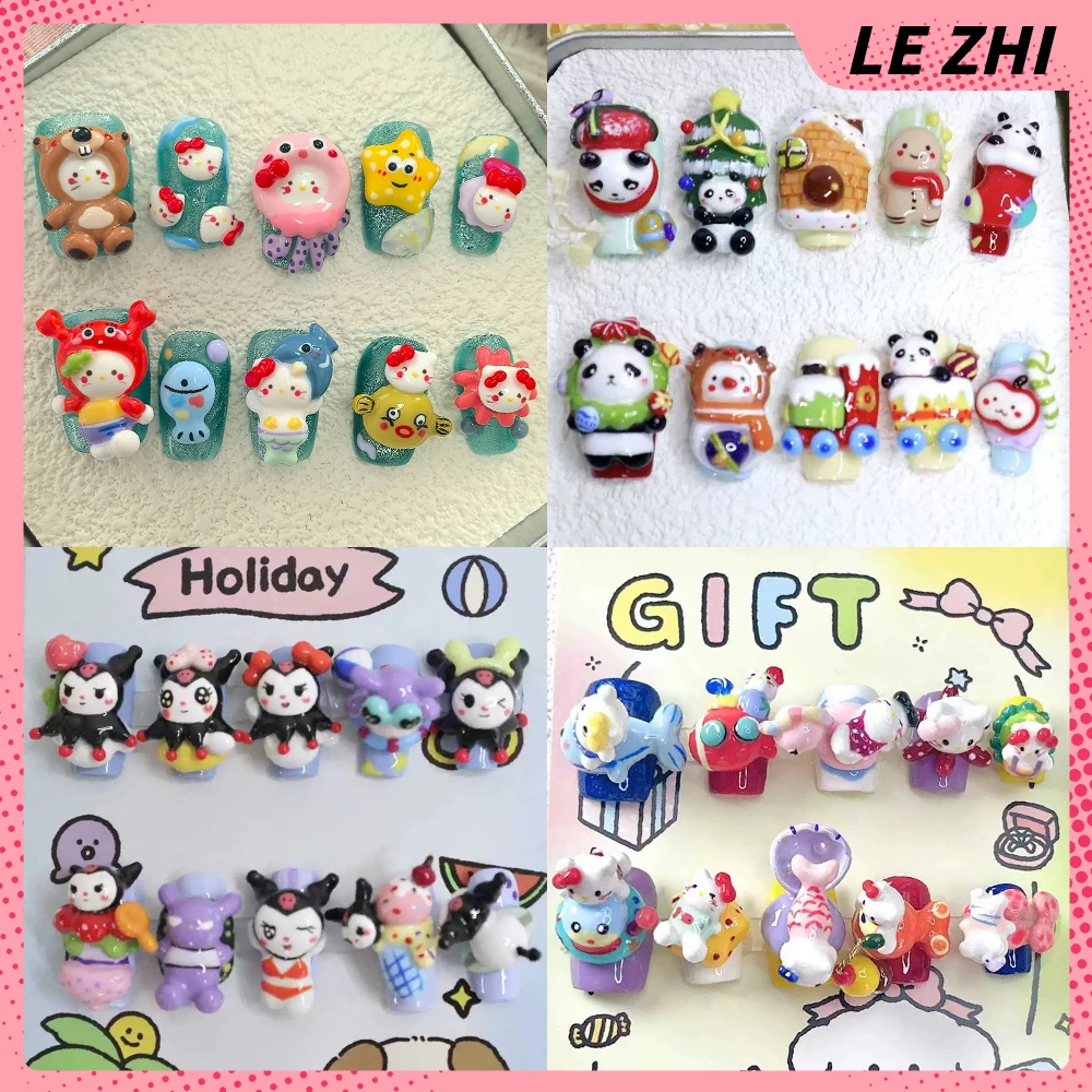 

3D Cartoon Anime Hello Kitty Kuromi Handmade Reusable Nail Party Stickers Kawaii Fish Panda Cat Press On Nails Christmas Gift