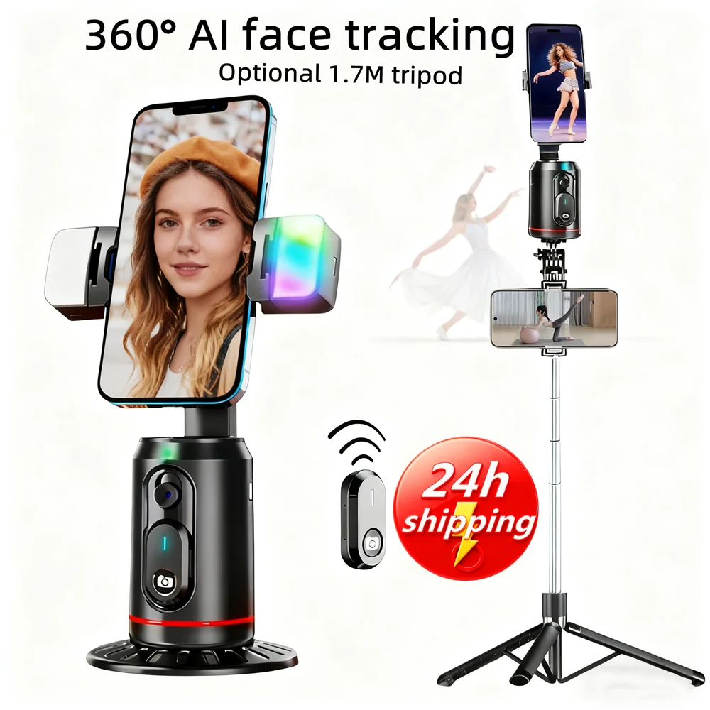AI 얼굴 추적 짐벌 셀카봉, 휴대폰 스태빌라이저, 360도 자동 회전 데스크탑 팔로우 짐벌 (스마트폰용 리모컨 포함)