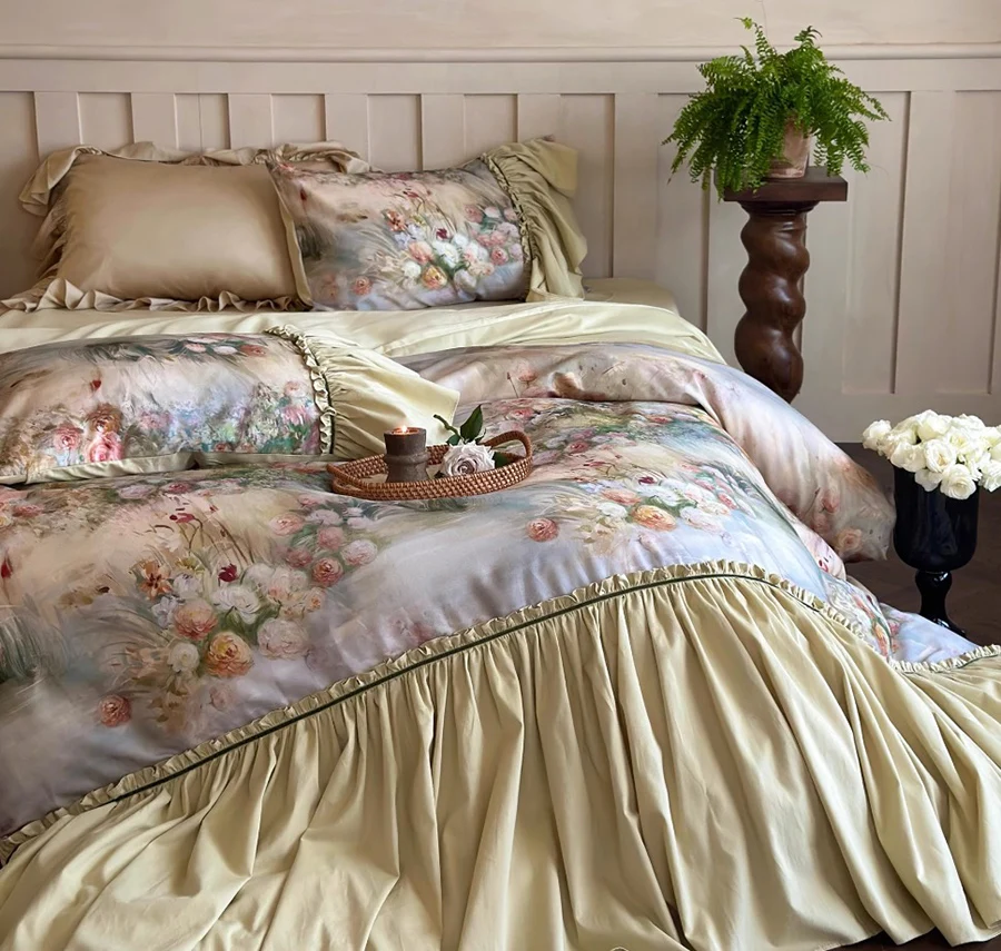 Romantic retro french flower bedding set,full queen king vintage ruffled cotton home textile bed sheet pillow case quilt cover