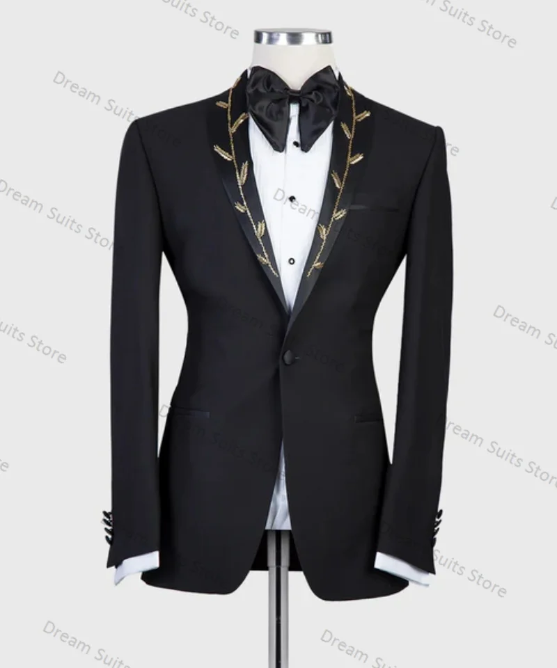 

Gold Crystals Men Suits Set 2 Pieces Black Blazer+Cotton Pants Customized Jacket Luxury Wedding Tuxedo Tailored Made Coat