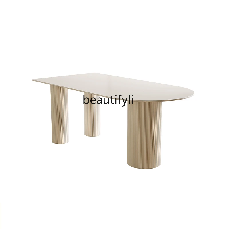 Shaped Stone Plate Dining Tables and Chairs Set Modern Simple and Light Luxury Cream Style Kitchen Island Dining Table round