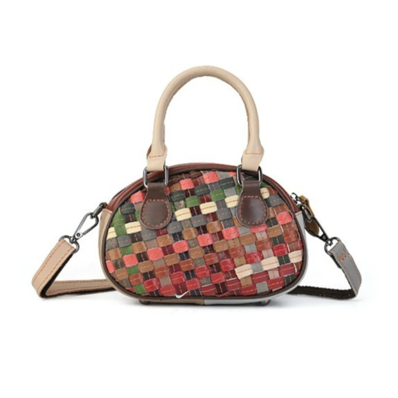 Vintage Crossbody Bag for Women Genuine Leather Handwoven Colorblock Convertible Strap Luxury Handbag