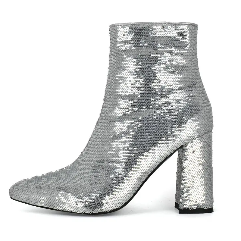 Sequins Cloth Bling Bling Glitter Party Wedding Bridal Block High Heels Fish Scale Pattern Silver White Poined Toe Ankle Boots