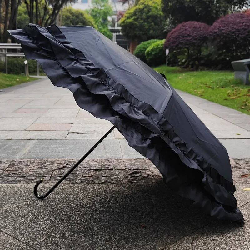 Double-layer lotus leaf edge lace sun umbrella, curved hook vinyl sunscreen, sun shade, rain and shine, lady Lolita princess