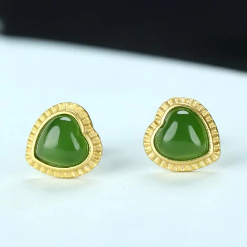 Genuine China Nephrite Stone Green Hetian Jade Heart Love Stud Earrings 925 Silver Certified Jewelry Women Elegant Gifts