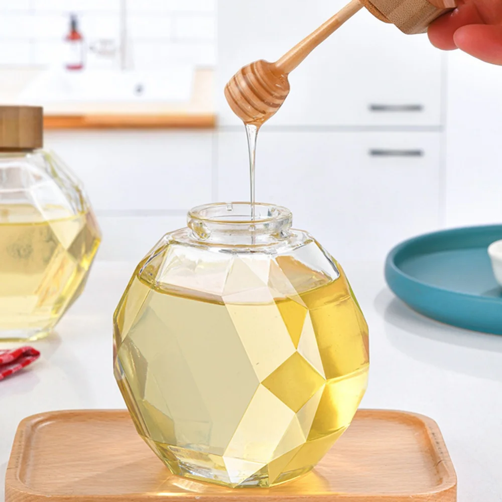 200/380ml Hexagon Glass Honey Bottle Kitchen Household Stirring Rod Creative Honey Container With Wood Lid Honey Tank Jar