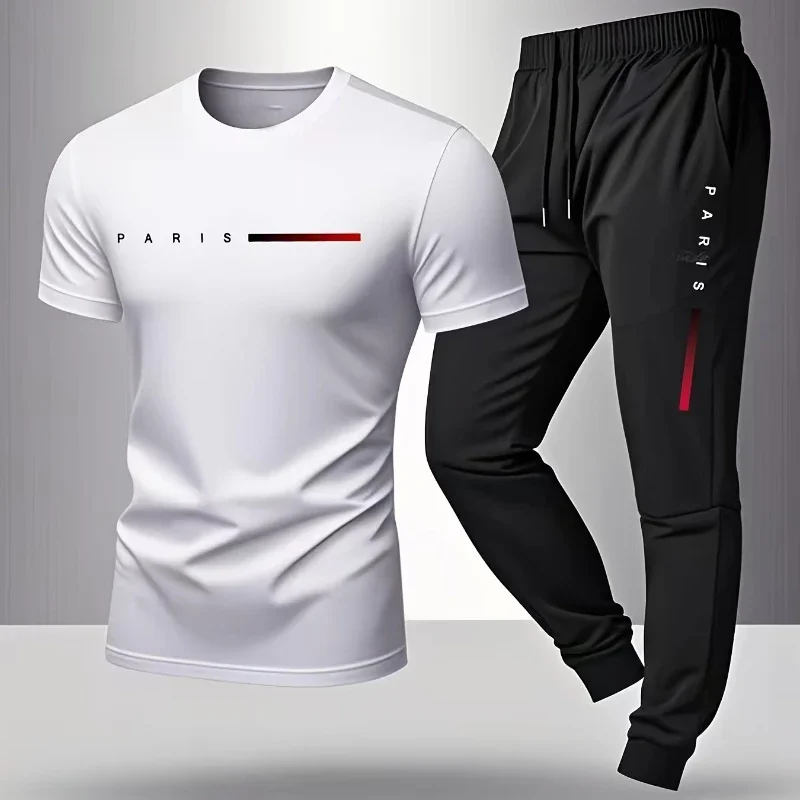 PARIS Men s casual suit spring and summer new style letter print American trend sports fashion short sleeved pants two-piece set