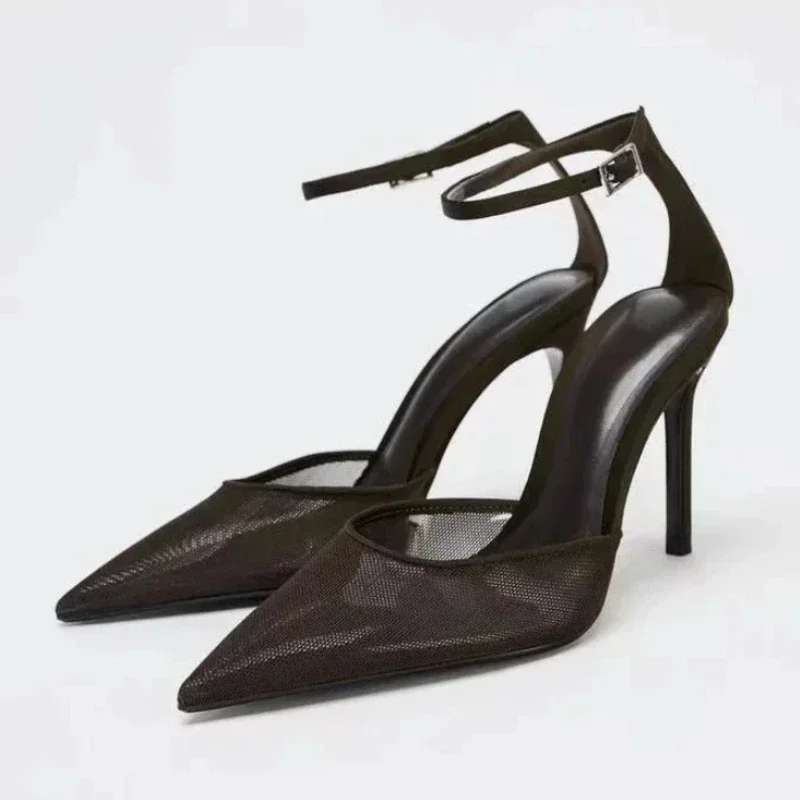 

Brown Pointed Toe Mesh High Heeled Sandals Women Sexy Fashion Ankle Strap Buckle Brand Designer Heels Elegant Banquet Dress Shoe