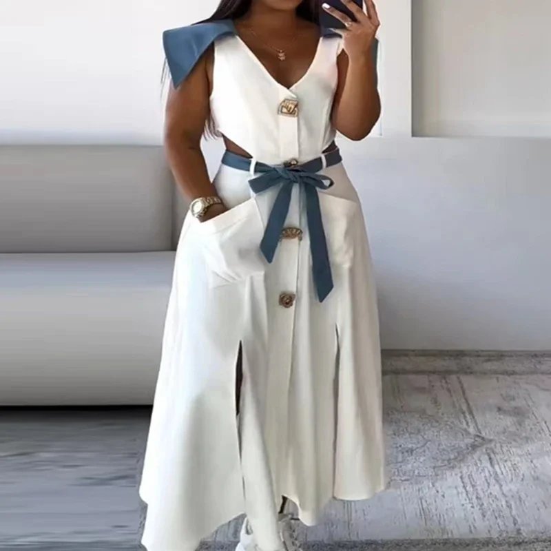 

Womens Dresses 2025 Summer New Temperament Elegant Turn-Down Collar Slit Hollow Out Solid Color Sleeveless Pocket Long Dress