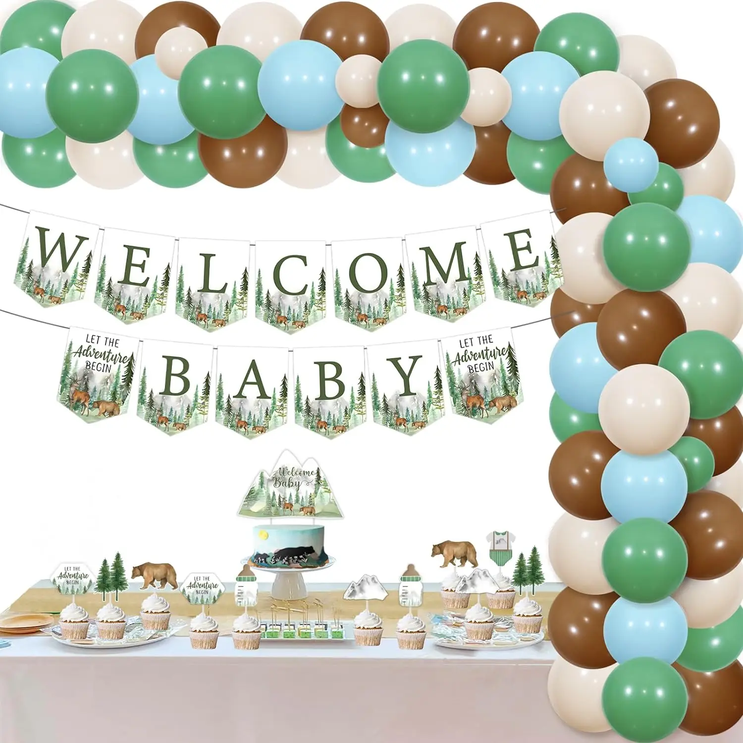 

Let The Adventure Begin Baby Shower Decor Welcome Baby Banner Cake Toppers Balloon Arch Kit Forest Mountain Baby Shower