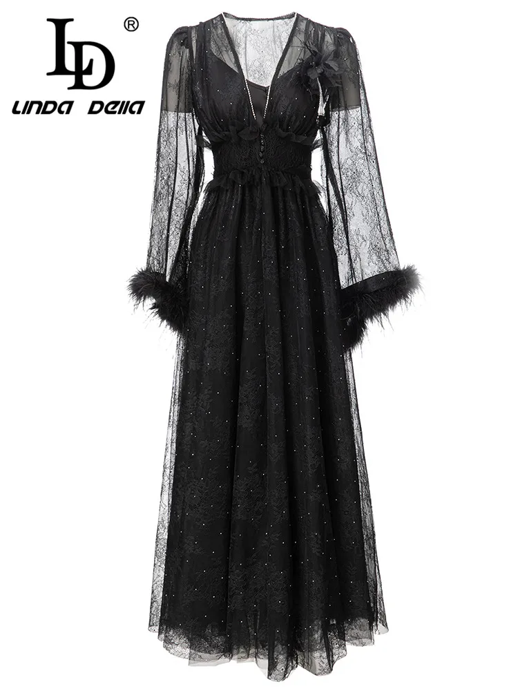 

LD LINDA DELLA 2023 Italian Luxury Elegant Dress Women's V-Neck Beading Elastic Waist Extravagant Sequin Lace Feather Long Dress