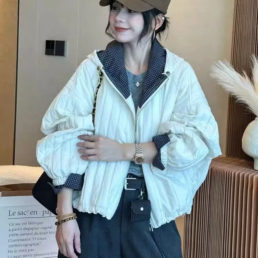 

Женская стеганая куртка в полоску с капюшоном в стиле ретро, осенняя однотонная свободная короткая хлопковая стеганая куртка, легкая повседневная верхняя одежда на молнии