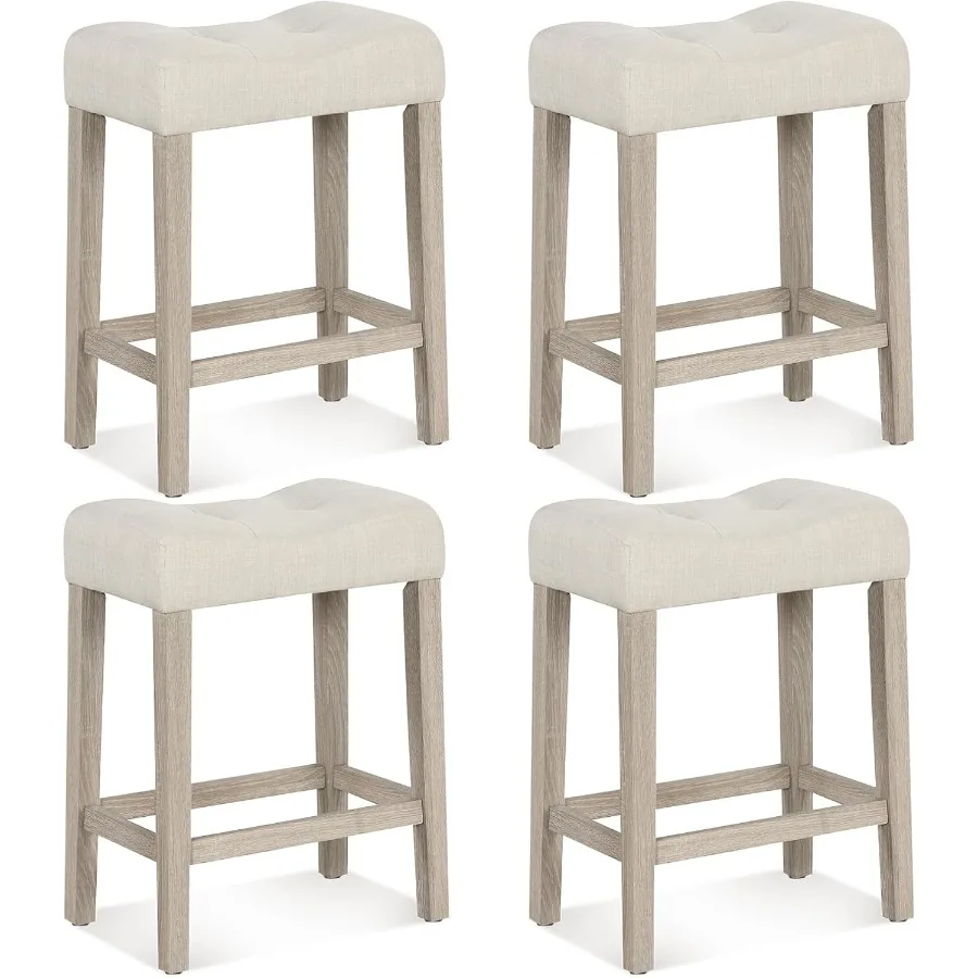 

24-дюймовый набор барных стульев из 4 мягких барных стульев-седла со столешницей, подставкой для ног и деревянными ножками, пуговицами для фермерского дома, тафтинговой спинкой