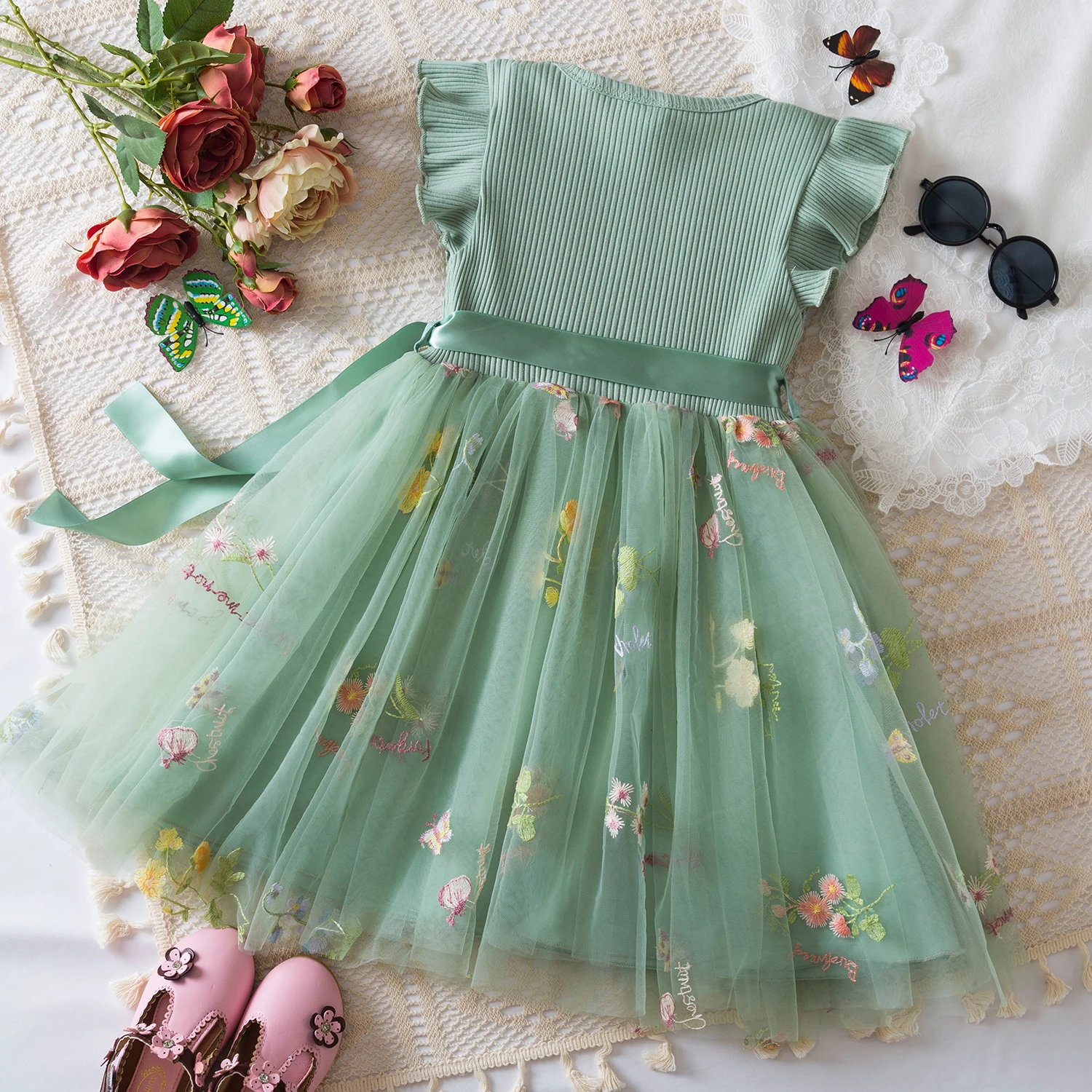 Baby Girls Birthday Princess Dress Flower Embroidered Flying Sleeve Mesh Dress Infant Summer Girls Party Beach Holiday Clothing