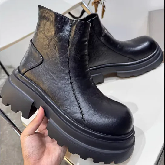 Men's Short Boots 2026 Autumn/Winter Heel Zipper Leather Chelsea Boots Big Head Thick soled Leather Shoes Men's Shoes