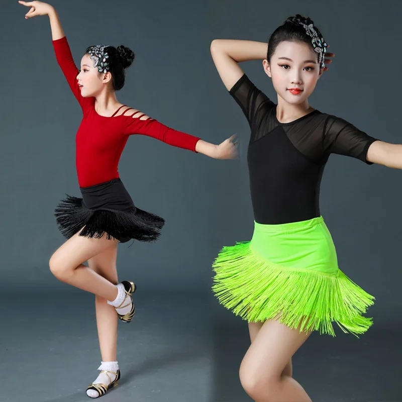 Saia de Dança Latina das Meninas, Borla Latina Dividida, Roupa de Treino Infantil, Roupa Performance Competição