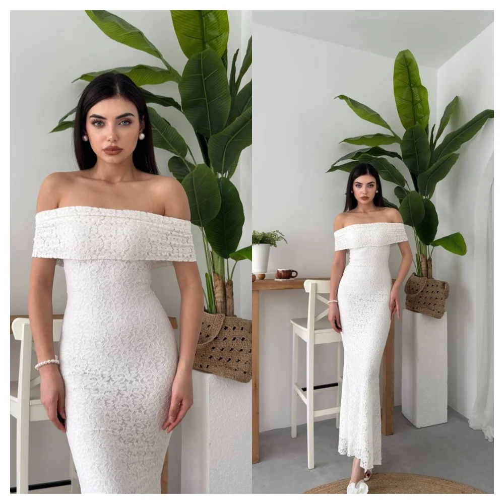Customized Modern White lace Evening Dress Simple Boat Neck Off the Shoulder Sleeveless Party Dress Delicate Celebrity Gowns