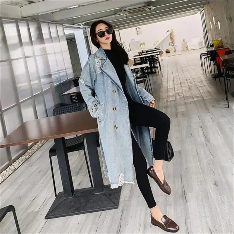 Hong Kong Style Girls Denim Trench Coat Women's Mid to Long Style Knee High Waist Cinched Internet Famous Student Korean Version
