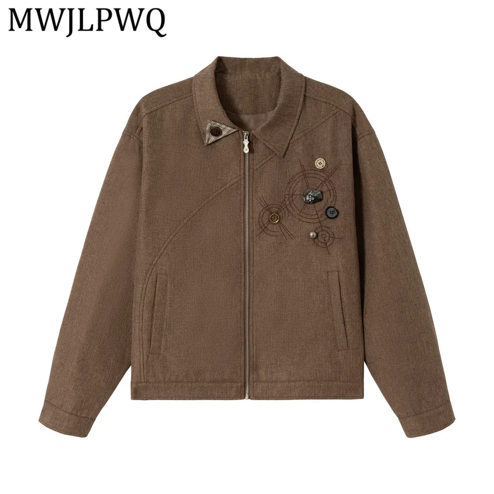 

MWJLPWQ Men's American Street Style Button Decoration Embroidery Jacket Retro Design Loose Fit Workwear Spring Autumn 13255
