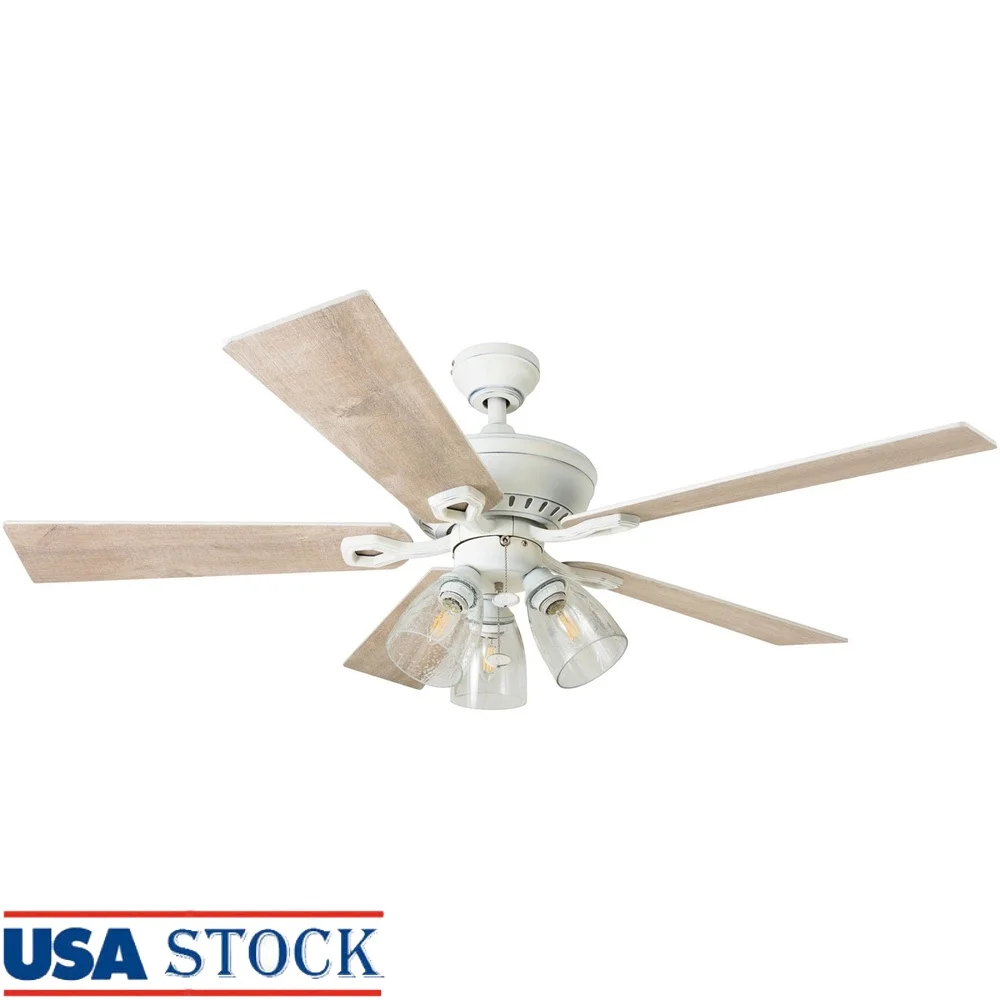 

52 Inch Rustic White Ceiling Fan with 5 Blades Seeded Glass Light Kit Quiet Reversible Motor Medium Rooms