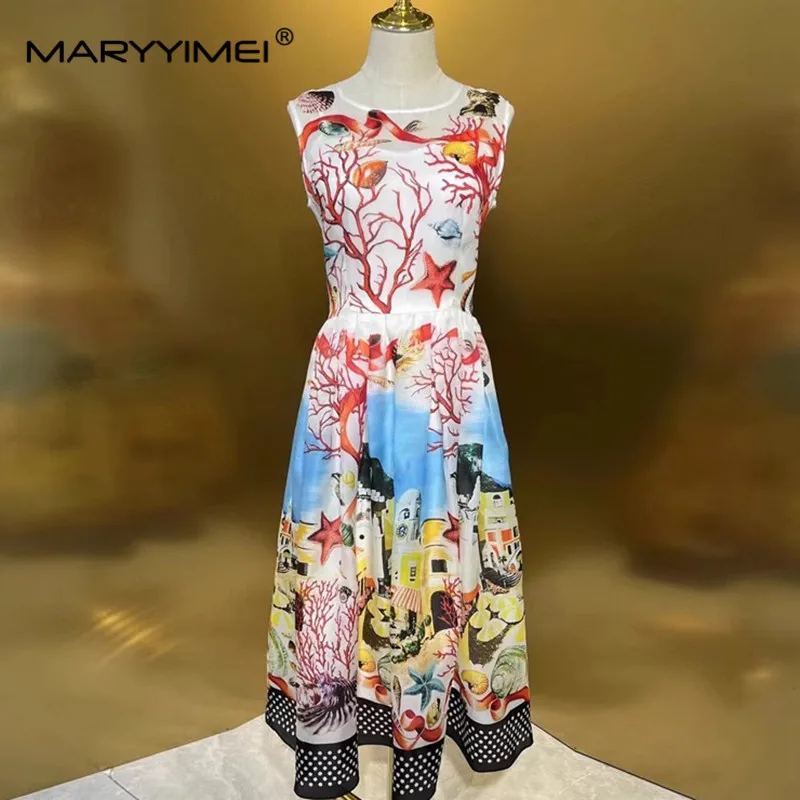 

MARYYIMEI Fashion Women's Beach Vacation Dress Sleeveless Elegant Chic Summer Print High waisted Silk Dresses