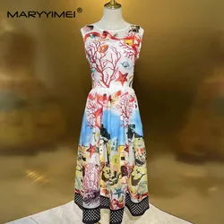 MARYYIMEI Fashion Women's Beach Vacation Dress Sleeveless Elegant Chic Summer Print High waisted Silk Dresses