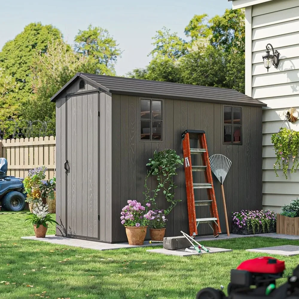 4' x 8' Plastic Outdoor Storage Shed with Floor, Resin Outside Tool Shed with Windows and Lockable Door for Backyard Garden