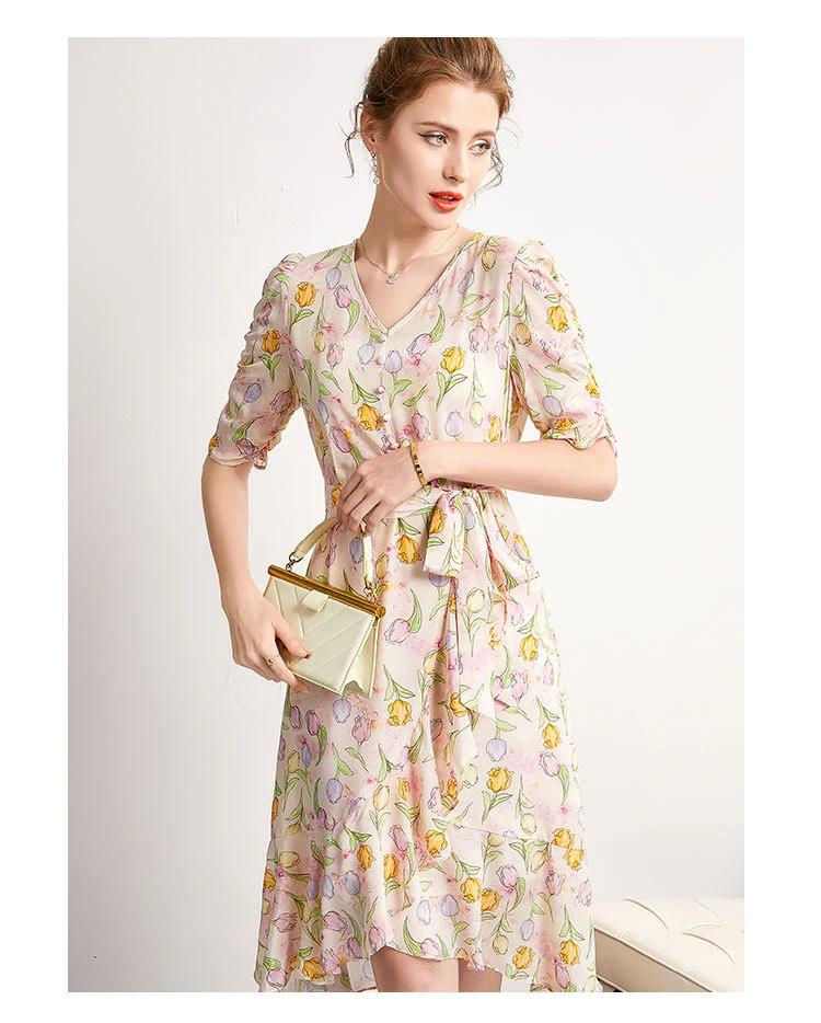100% Silk Women's Dresses V Neck Short Sleeves Floral Printed Ruffles Asymmetrical Elegant Designer Vestidos