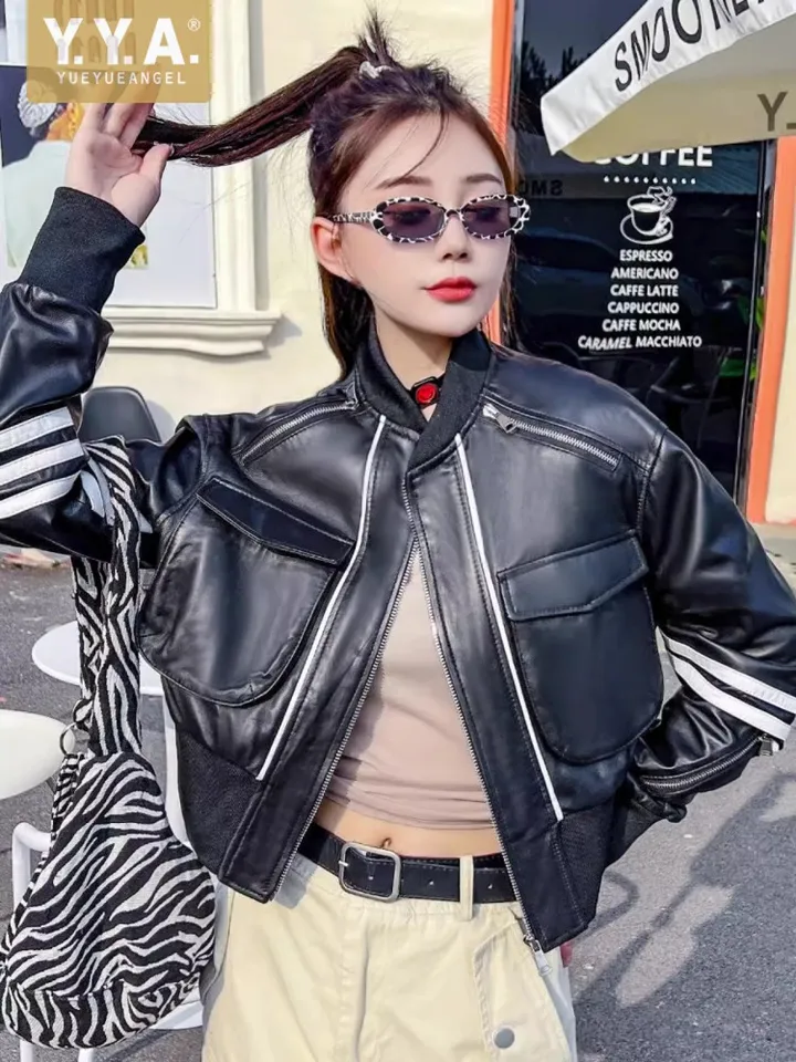 New Women Genuine Leather Bomber Jacket Stand Collar Cargo Short