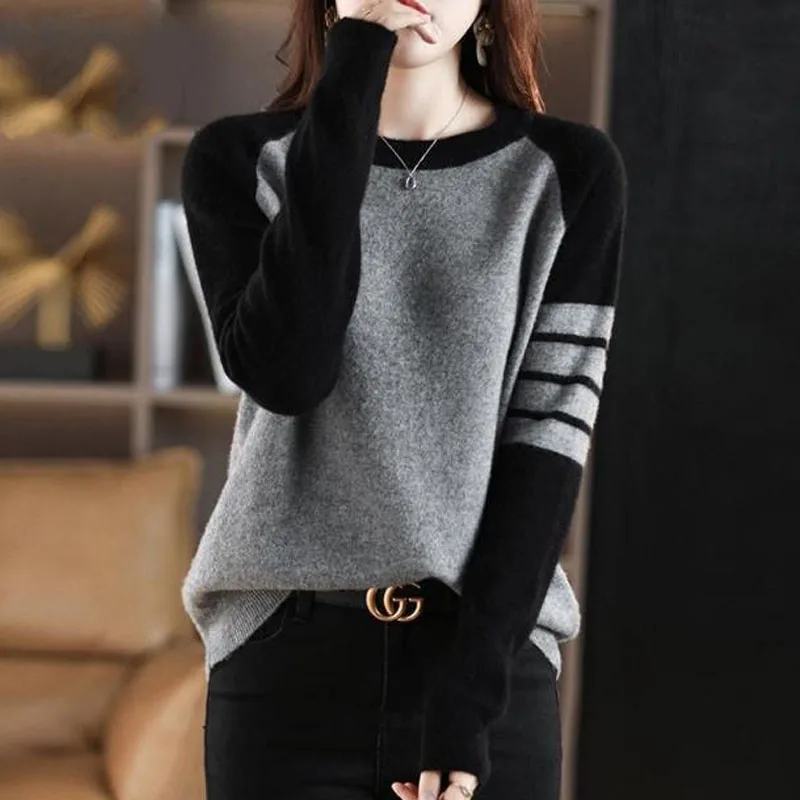 New Fashionable and Fashionable Round Neck Colored Loose Versatile Slim Casual and Simple Women\'s Knitted Long Sleeve Sweater