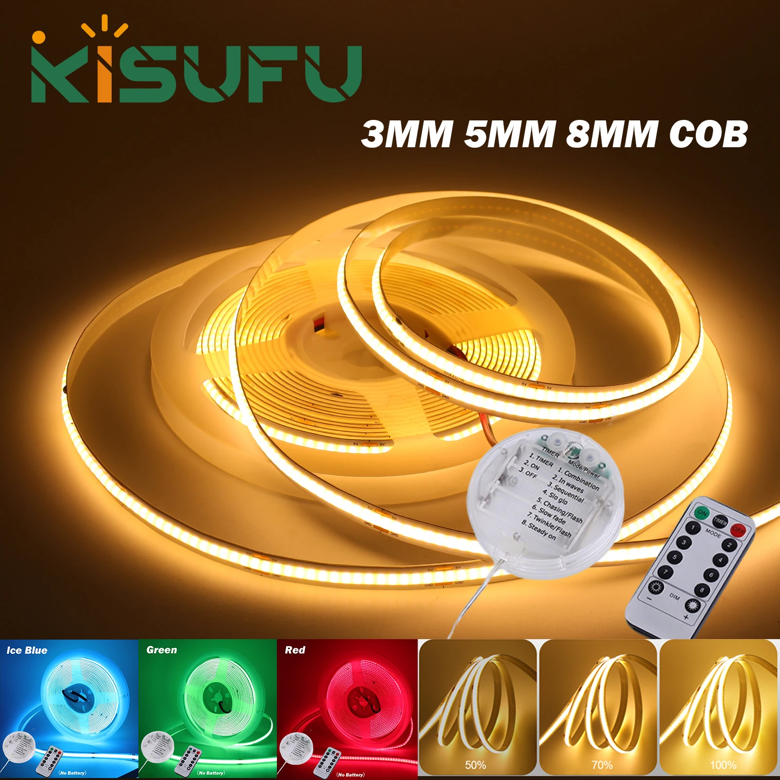 Dimmable 5V COB LED Strip Light 8 Modes 3AA Battery Box With Remote 3/5/8MM 320LEDs/M Flexible Ribbon Tape Room TV DIY Backlight