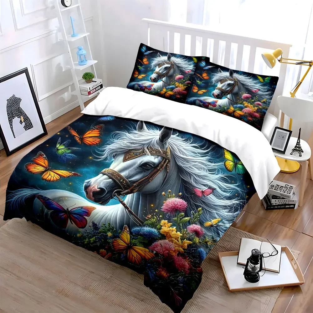 Elegant Horse Butterfly Artwork Decor Multiple sizes kid's and adults' bedroom Exquisite 3PC bedding set, gift