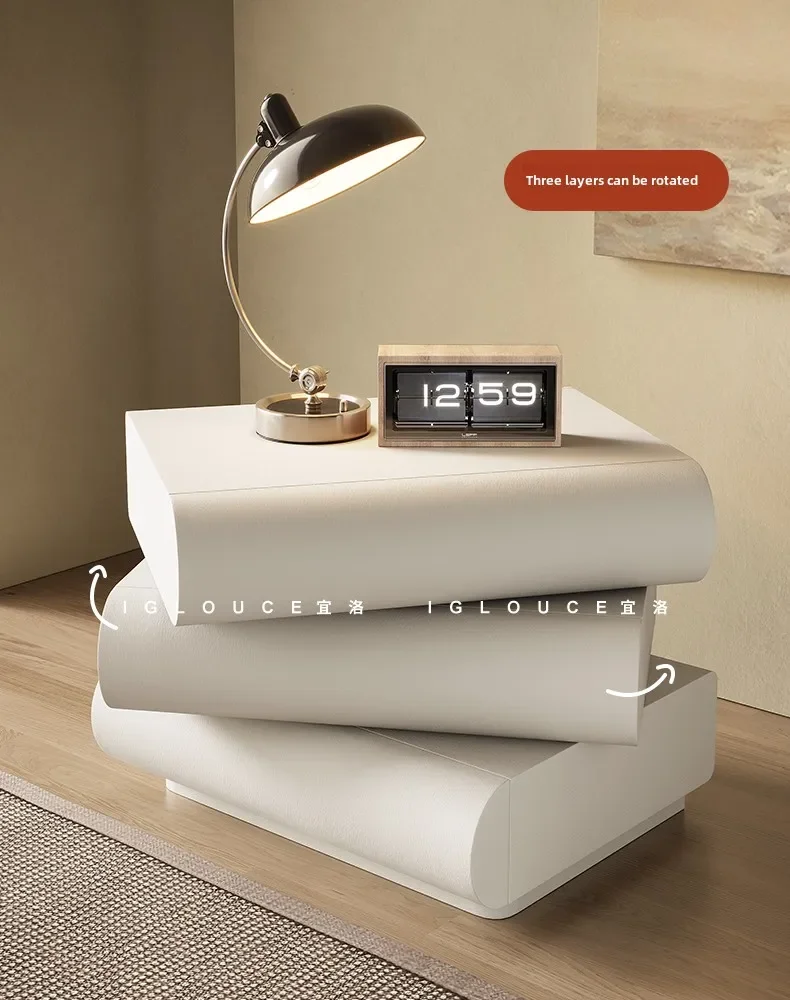 LMM cream wind rotating bedside cabinet white leather Internet celebrity three-bucket cabinet