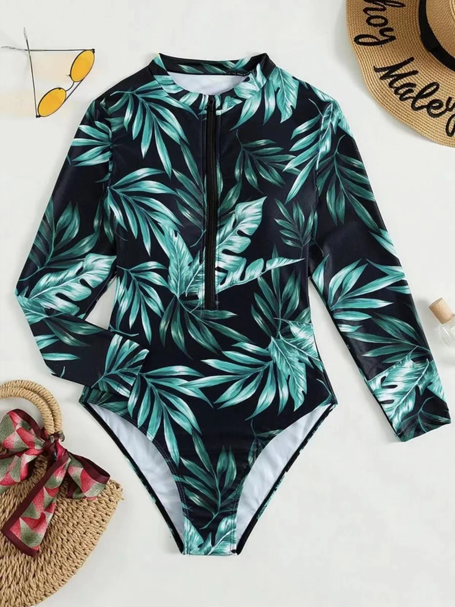 

New Printed Swimsuit 2024 Women One Piece Long Sleeve Swimwear Female Bathers Bathing Swimming Suit Beachwear Bodysuit Bikini