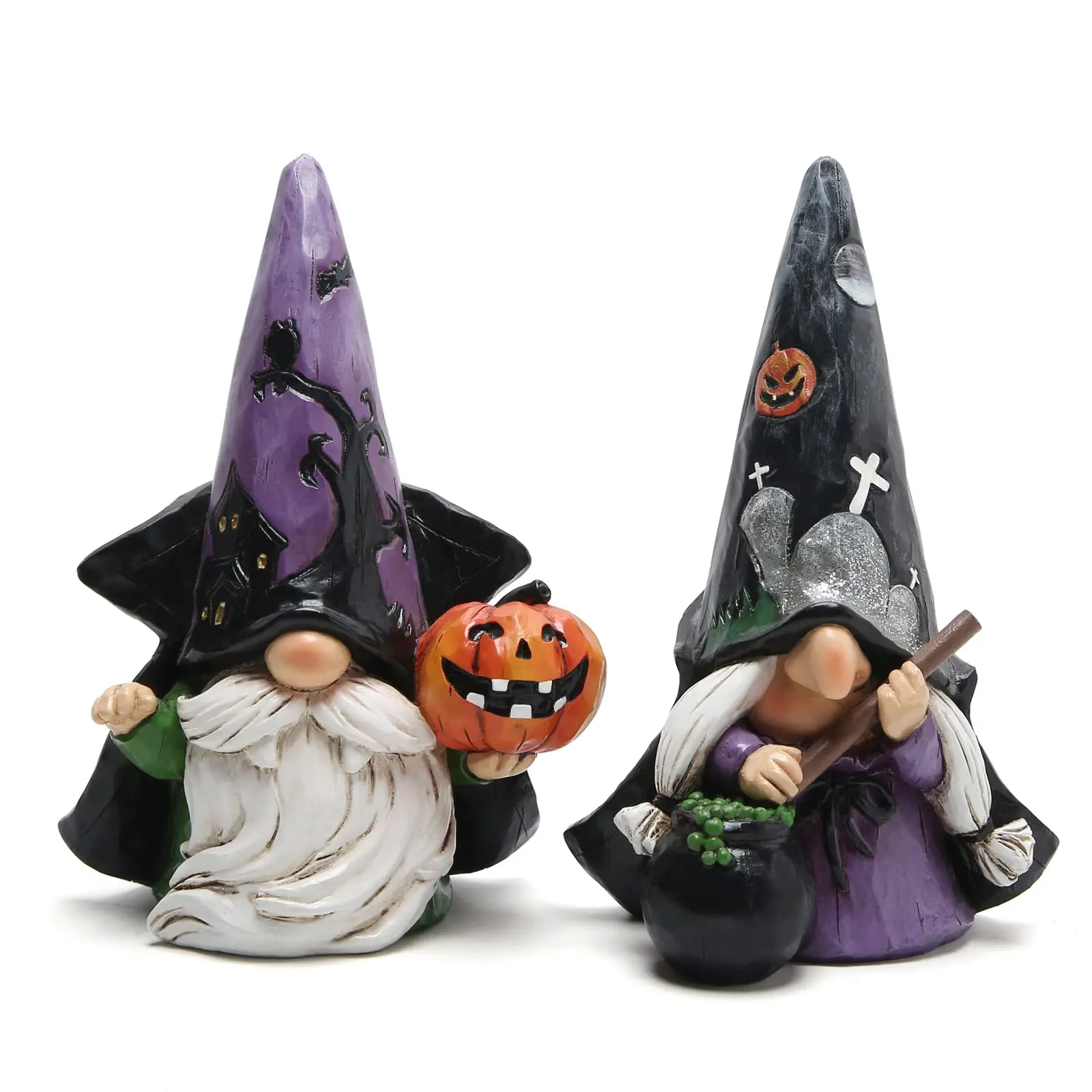 Hodao 2pcs Halloween Gnomes Decoration, Resin Gothic Witchy Figurines Decor Witch Gnome Figurines with Pumpkin Details, Ideal for Mantel, Table, Shelf, Entryway, Halloween Parties, Home Decor Gifting