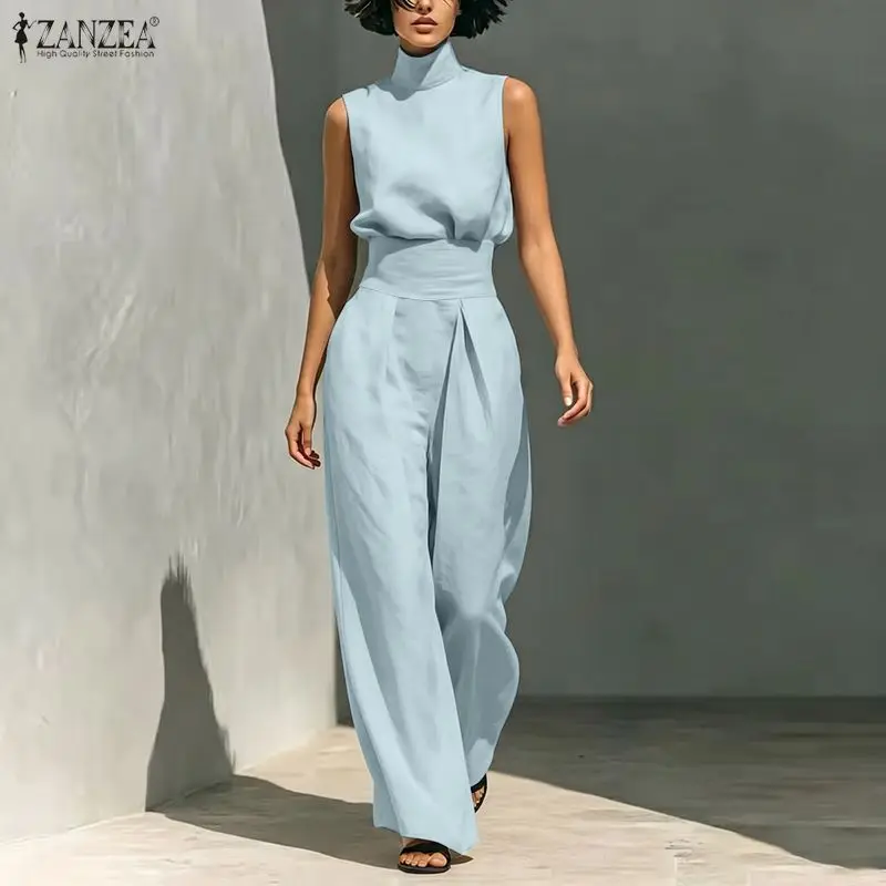 

2026 ZANZEA Fashion Women Jumpsuits Summer Sleeveless High Elastic Waist Rompers Wide Leg Trousers Solid OL Work Overalls Pants