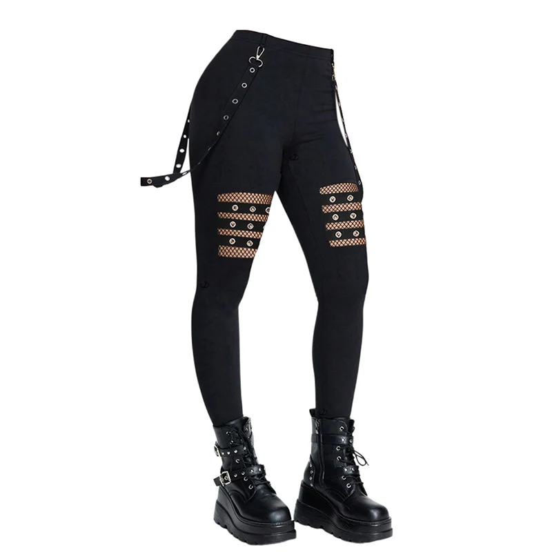 Dressfo 2025 New Women's Pants Hollow Out Solid Color Gothic Pants Grommet Chain Embellishment High Waisted Long Skinny Pants
