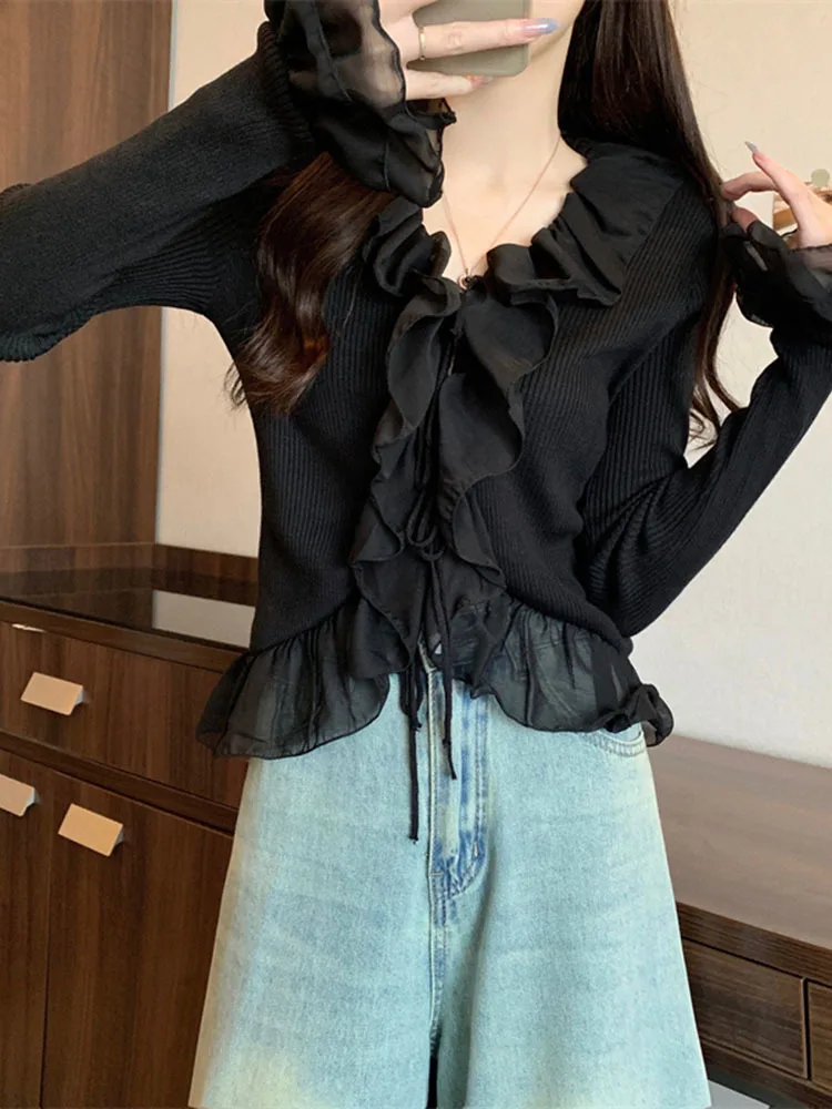 Knitted Sweater Women V Neck Ruffles Flowers Irregular Split Slim Flare Long Sleeve Crop Top Female Elegant Sexy Pullover