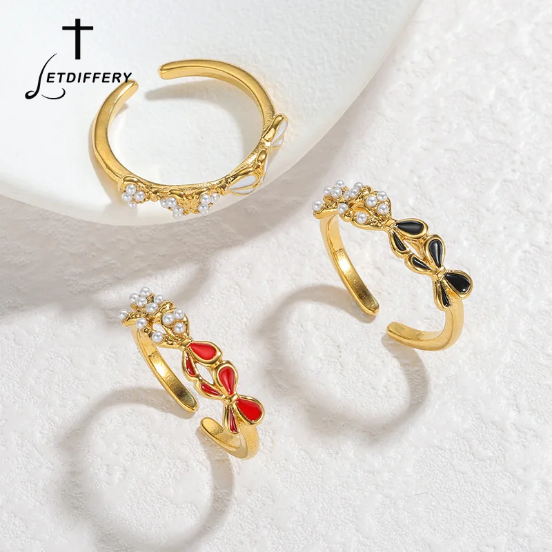 Letdiffery New Drop Oil Bow Ring for Women Stainless Steel Imitation Pearl Red Black White Bow Open Adjustable Ring Jewelry Gift
