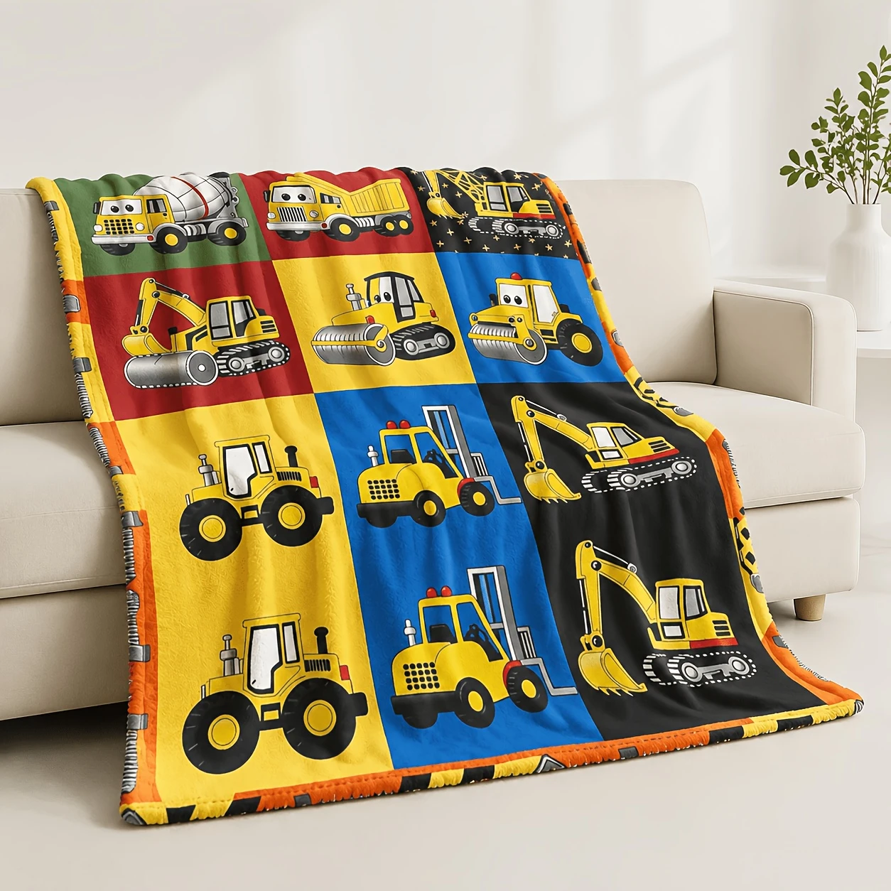 Cartoon Engineering Vehicle Excavator Puzzle Printed Flannel Blanket Soft Sofa Cover Blanket Bedroom Nap Blanket