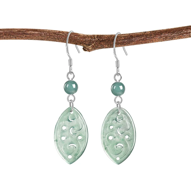 

Natural A-grade Jade Blue Water Antique Carved Earrings S925 Silver Ice Jadeite Fashionable Women's Jewelry Drop Shipping