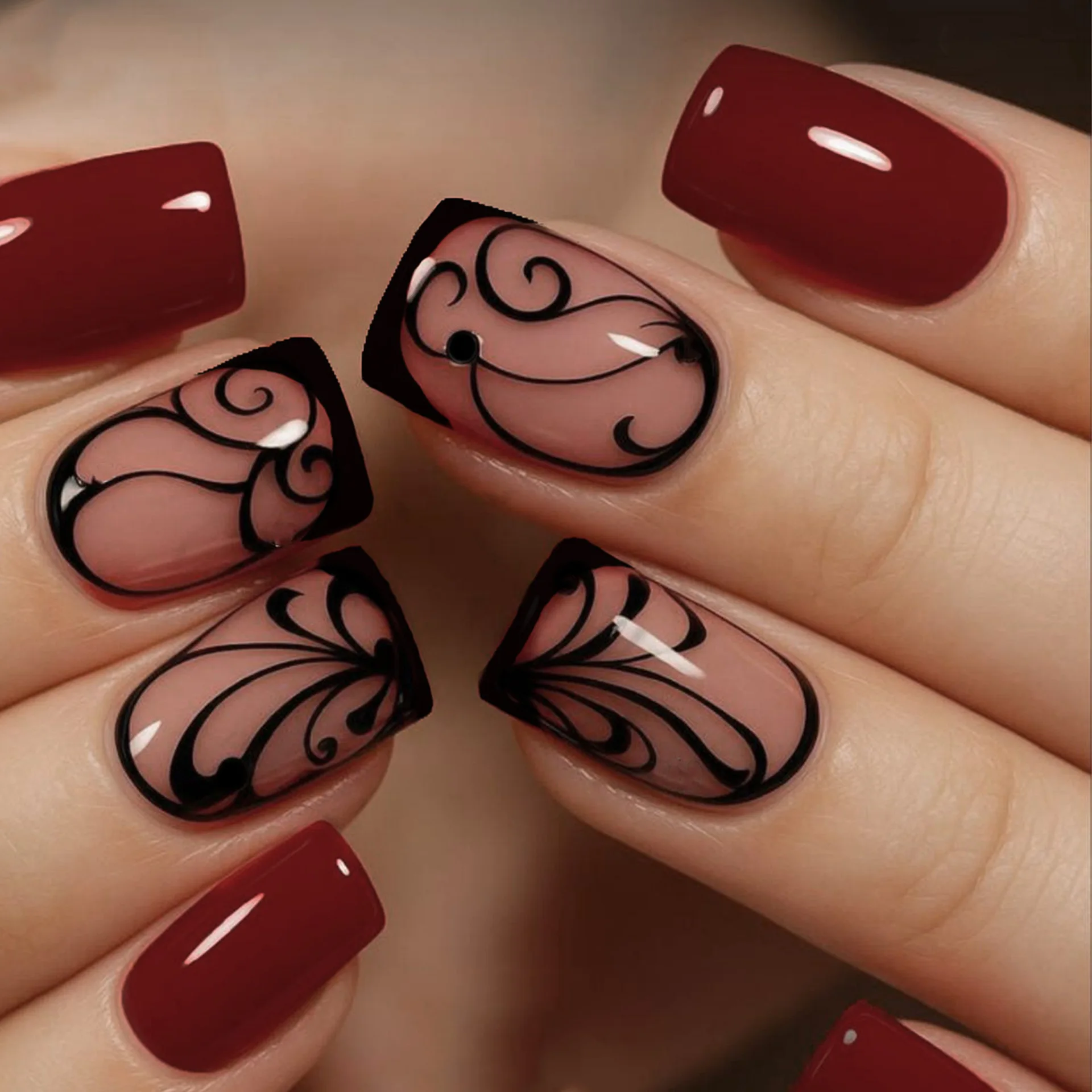 Mittlere künstliche Nägel für den Herbst Winter, braun, goldfarben, lila, schwarz, rot, Blumen, Herz, glänzende oder glitzernde Nagelspitzen, zum Aufdrücken falscher Nagel