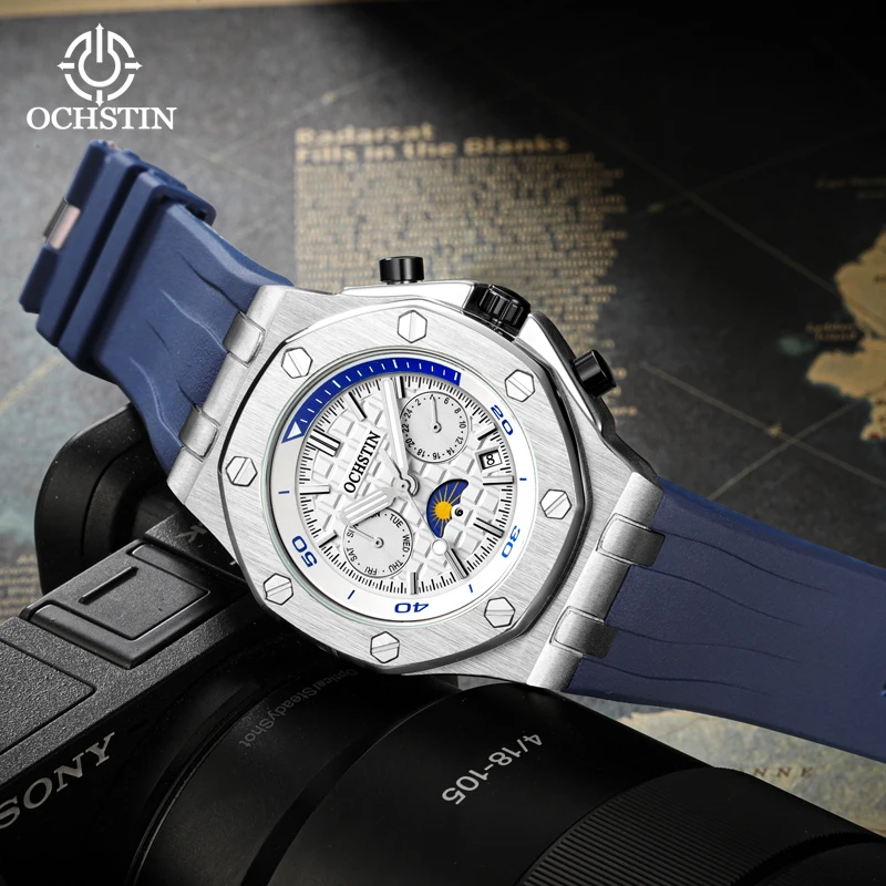 メンズ自動機械式時計クロノグラフ多機能防水シリコンベルト腕時計 Montres mécaniques pour hommes