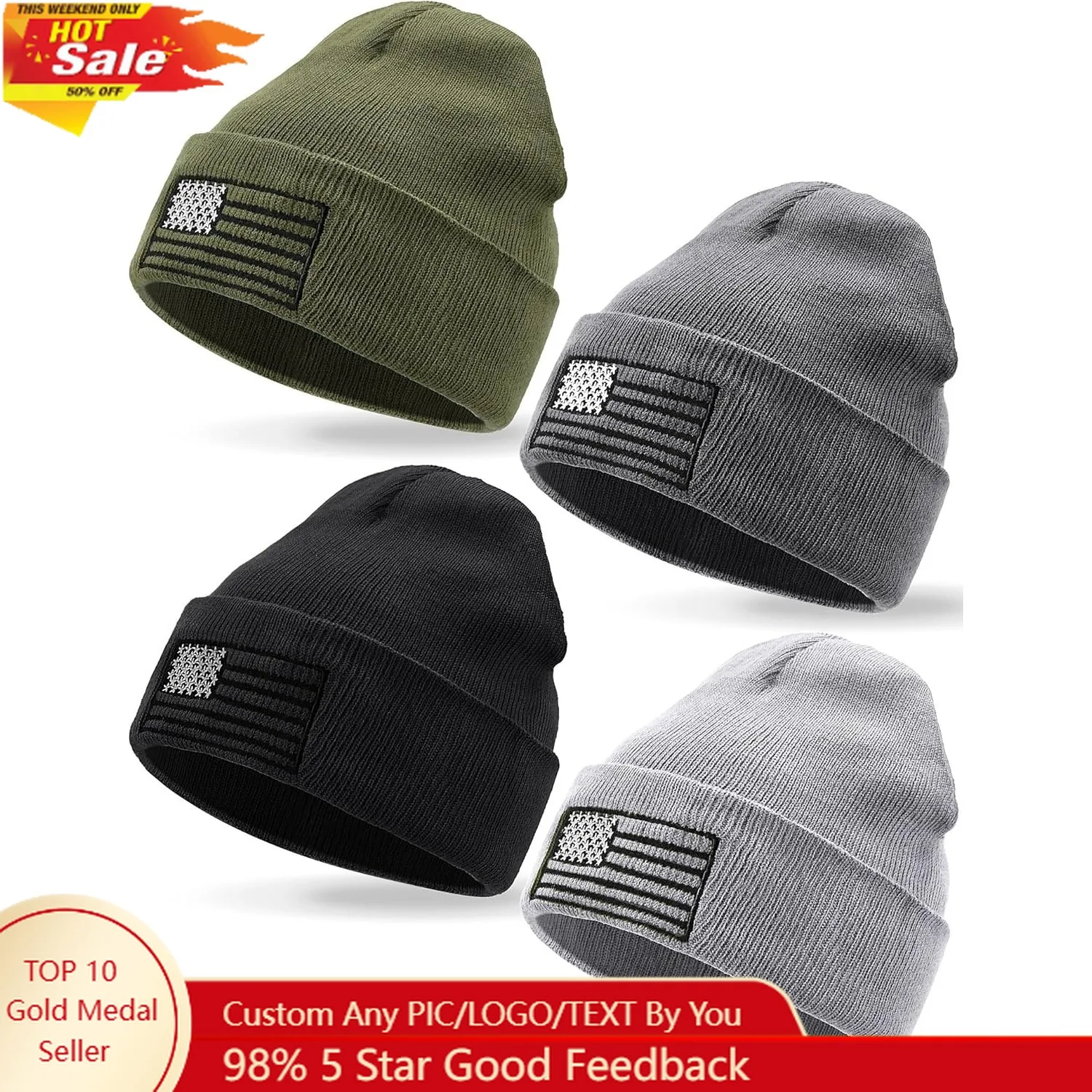 

4 Pieces American Flag Beanie Men Winter Hats Tactical Knit Beanie Military Army Skull Cap Patriotic Watch Caps USA Hats for Win