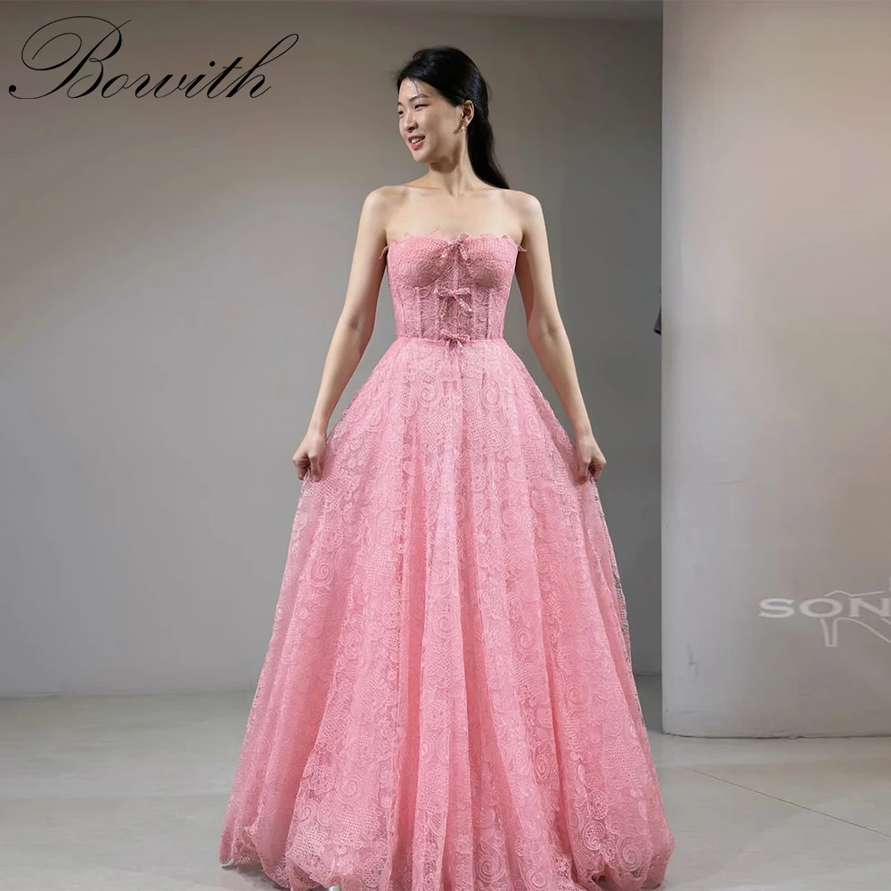 

Bowith Pink Lace Korean Wedding Dresses Customized Strapless Bow A-line Bridal Gown Sleeveless Elegant Evening Party Dresses