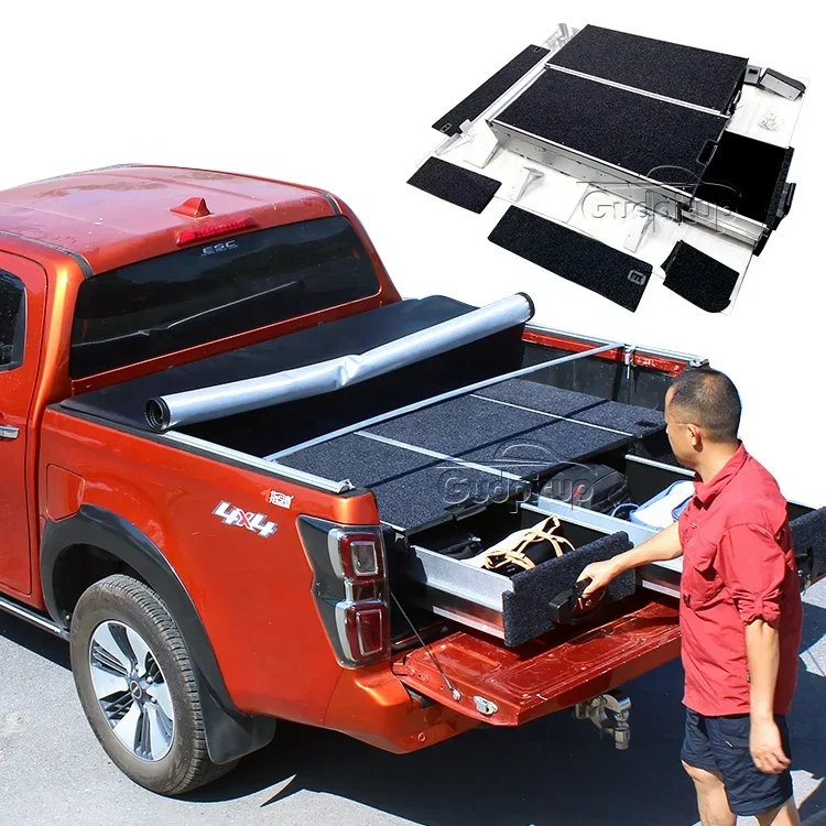 4x4 Pickup Hilux Truck Tool Cargo Storage Box Car Rear System Parts Road SUV Trunk Storage Drawer Black Steel OEM Service 1 Set