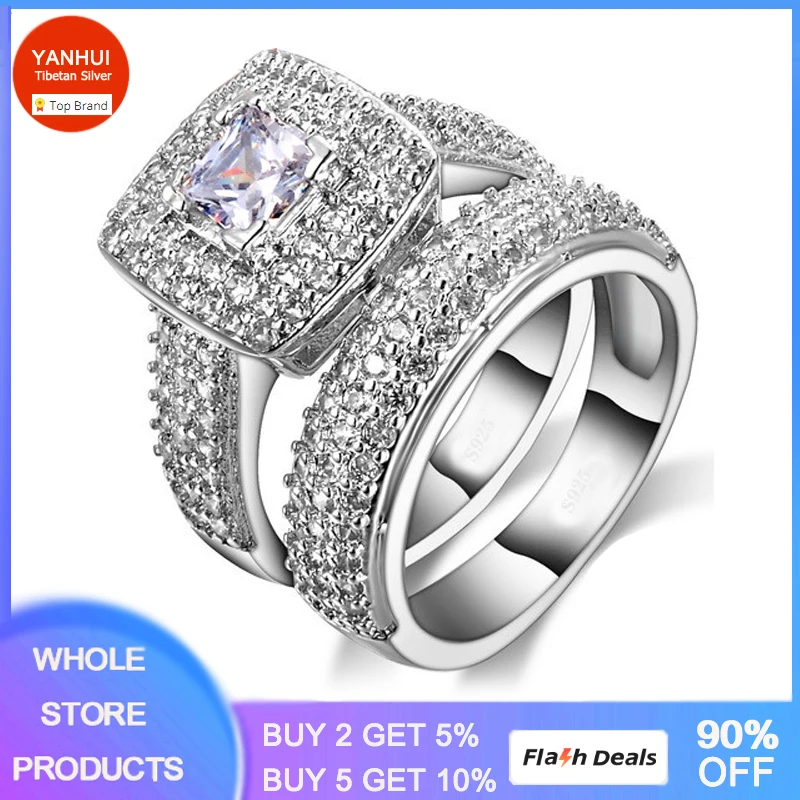 

100% Original Certified Tibetan Silver Wedding Bands Set Natural 5A Cubic Zirconia Couple Pair Rings Sets Fine Jewelry for Women