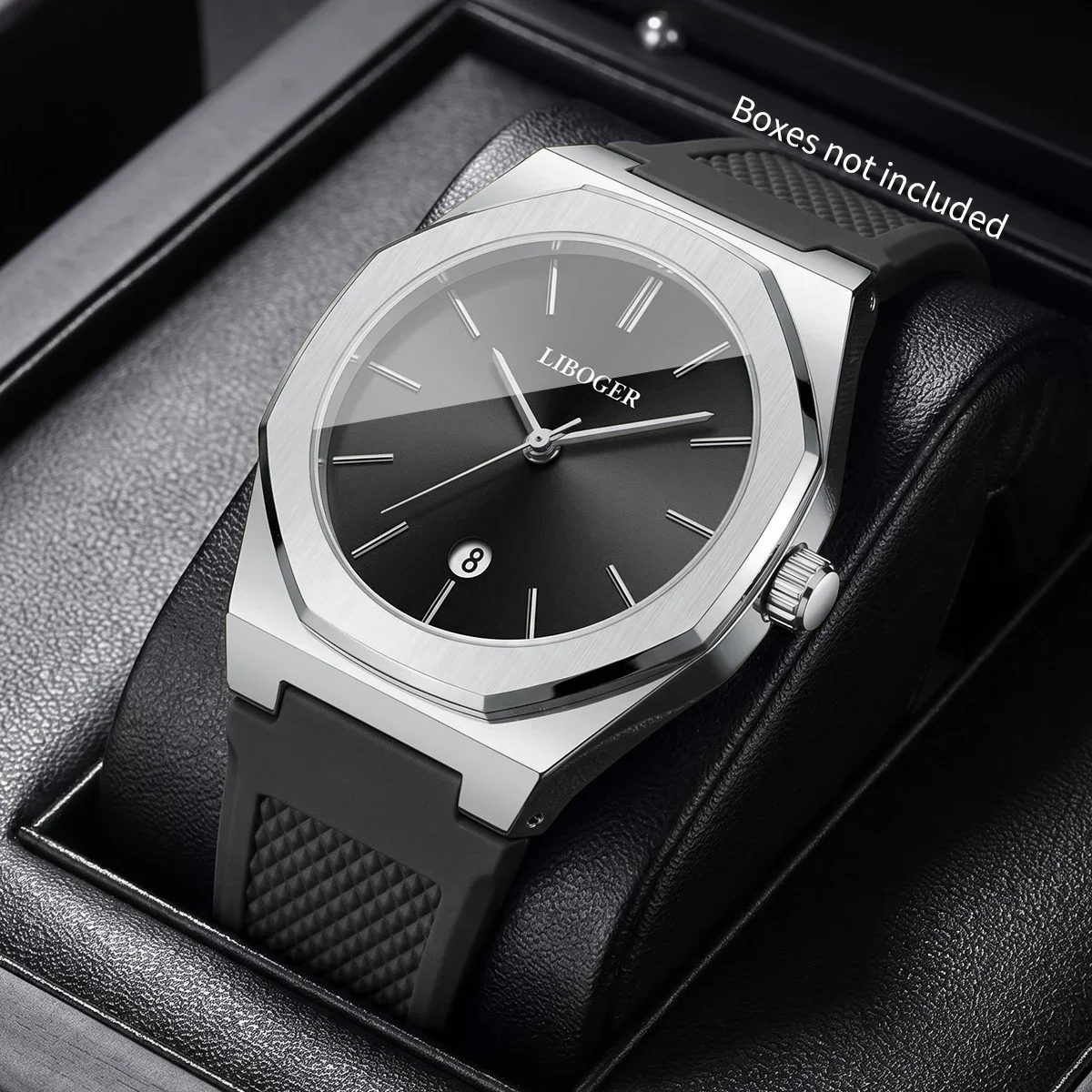 Fashion Octagonal Case Men Business Watches Casual Silicone Strap Date Quartz Wristwatch Clock Relogio Masculino（Without Box）